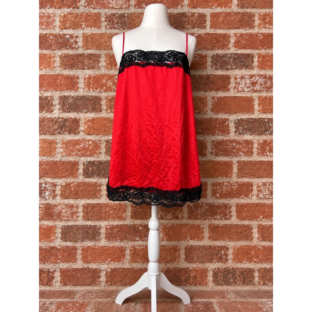 Vintage Red Satin Black Lace Trim Chemise Nightgown Mini Slip Coquette Romantic